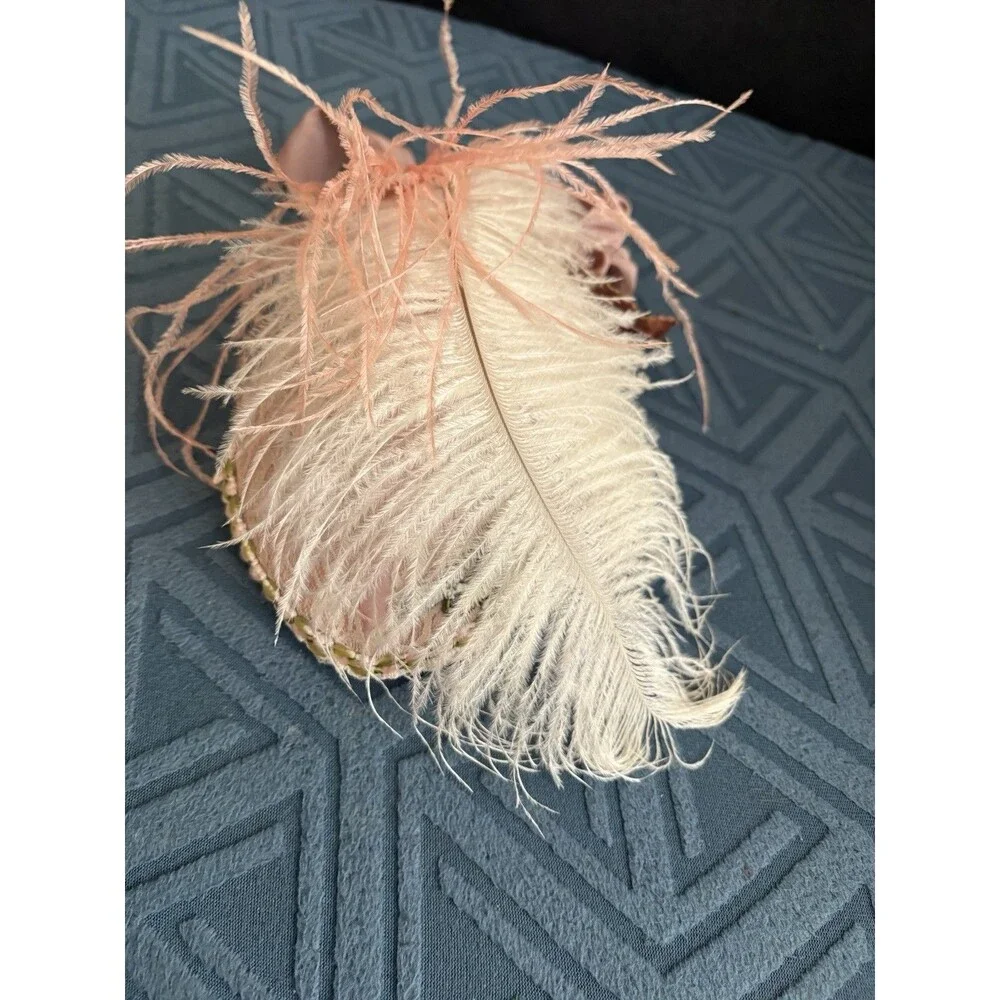 Vintage 1950s/60s Pink Lace & Feather Percher Cocktail Hat Miniature Fascinator